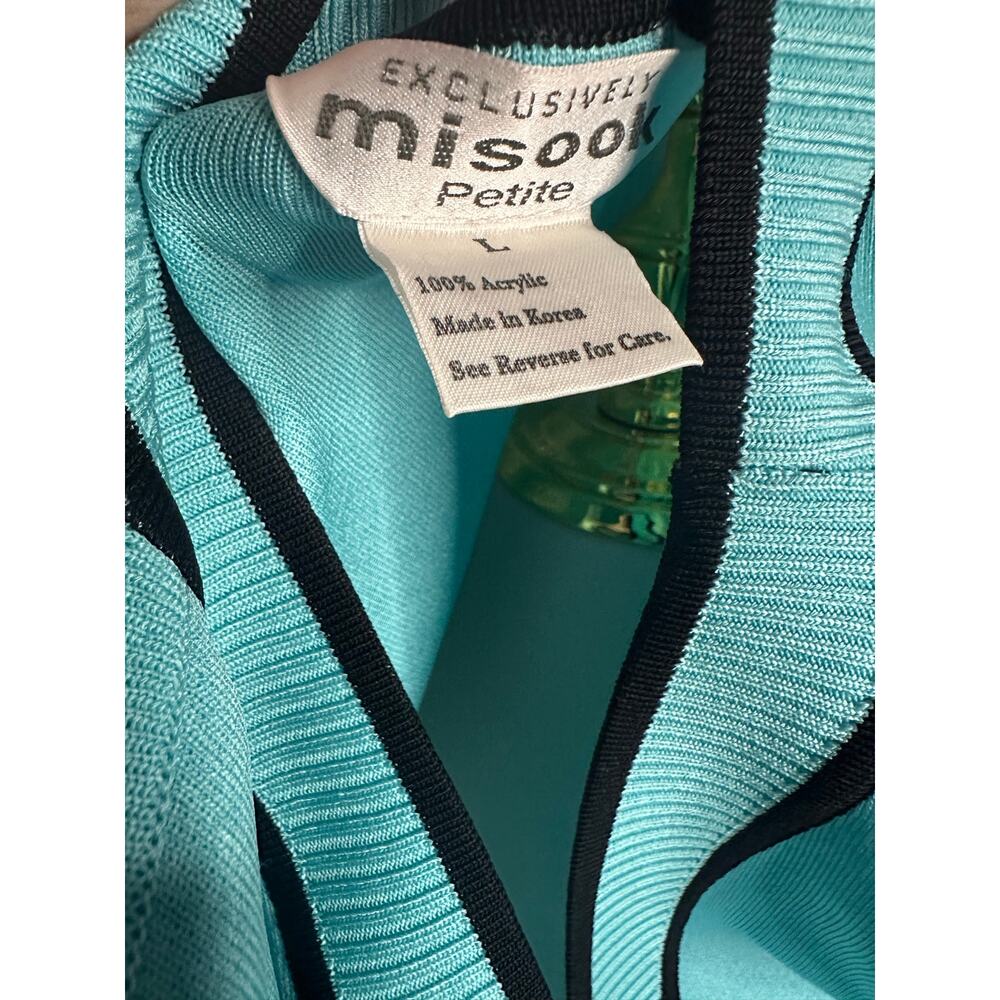EUC Vintage Misook Jacket Petite Large Front Cardigan Classic Knit Aqua Black PL - Picture 10 of 12